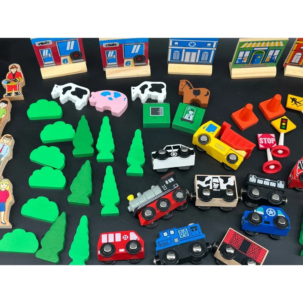 Large Lot Wooden Train Set Accessories People Cars Signs Trees Animals Buildings